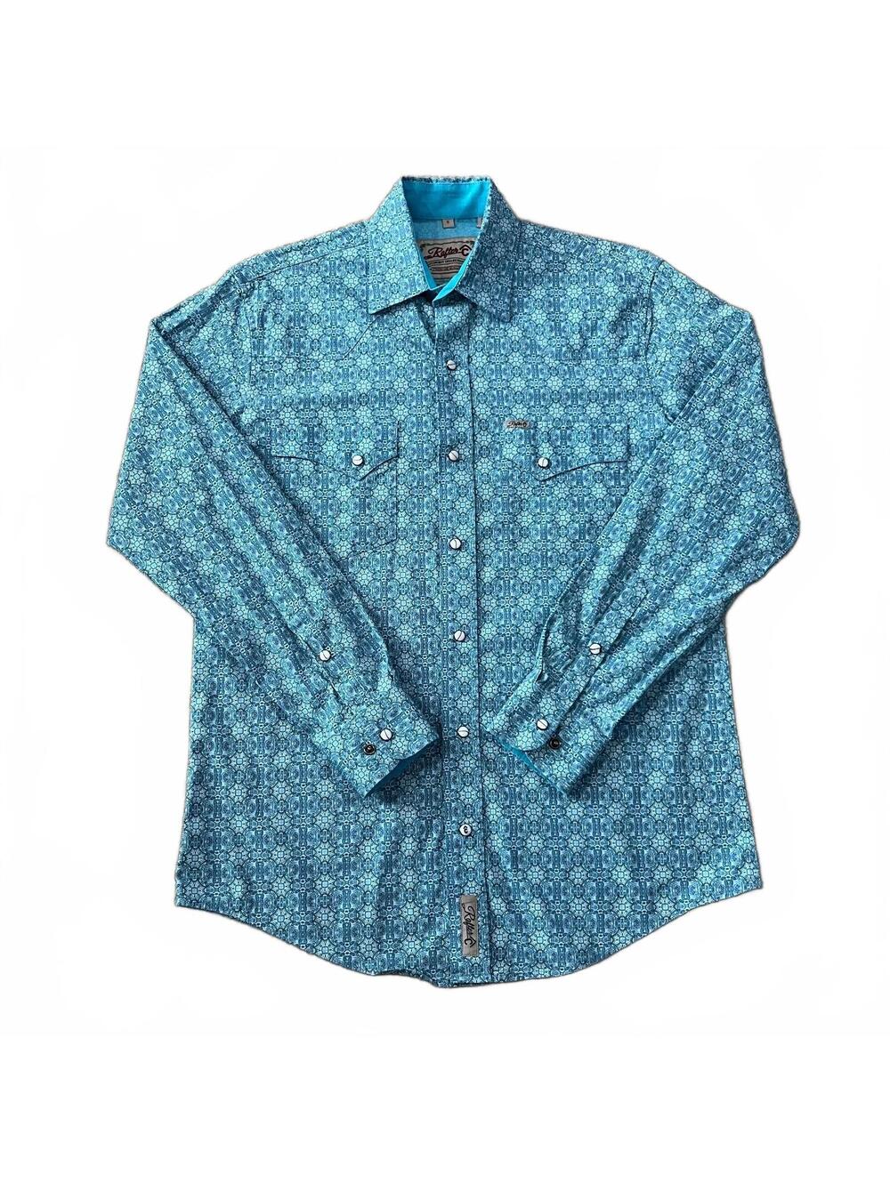 Rafter C Mens Pearl Snap Western Shirt Blue Printed Long Sleeve Size Small
